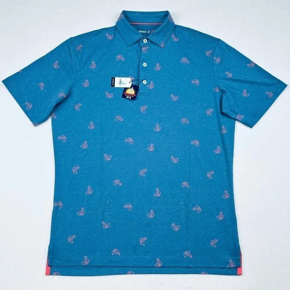 Johnnie-O Men’s Prep-formance Flamingo Floaty Lake Blue Golf Polo Shirt - Picture 2 of 10